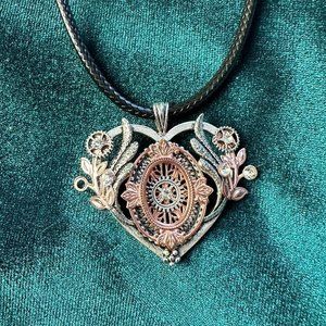 Steampunk Copper + Silver Rhinestone Pendant Necklace on Black Rope